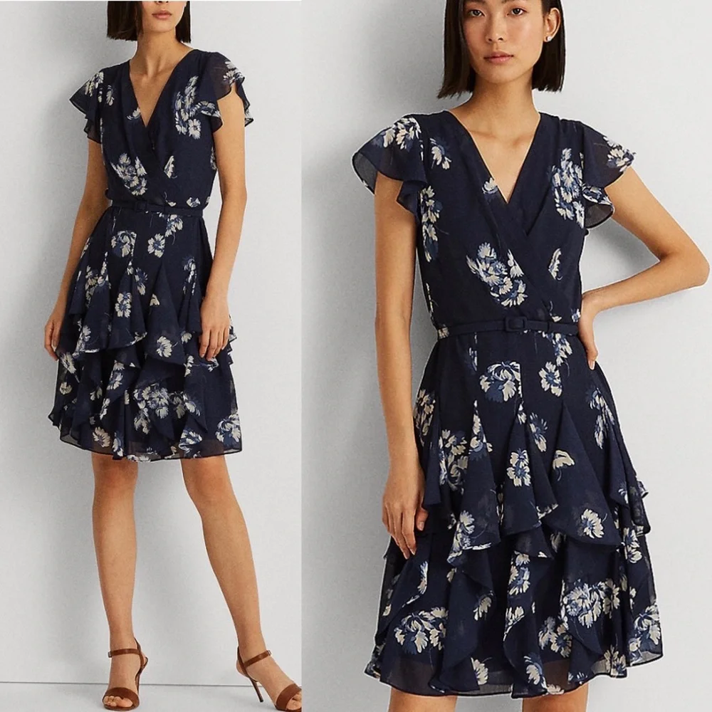 Lauren Ralph Lauren Flutter Sleeve ruffle Dress size 10 or 14 navy multi - Picture 1 of 7